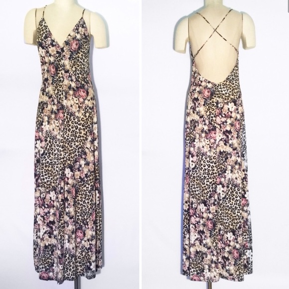 Floral Leopard Print Open Back Maxi Dress Size Large - Picture 1 of 8